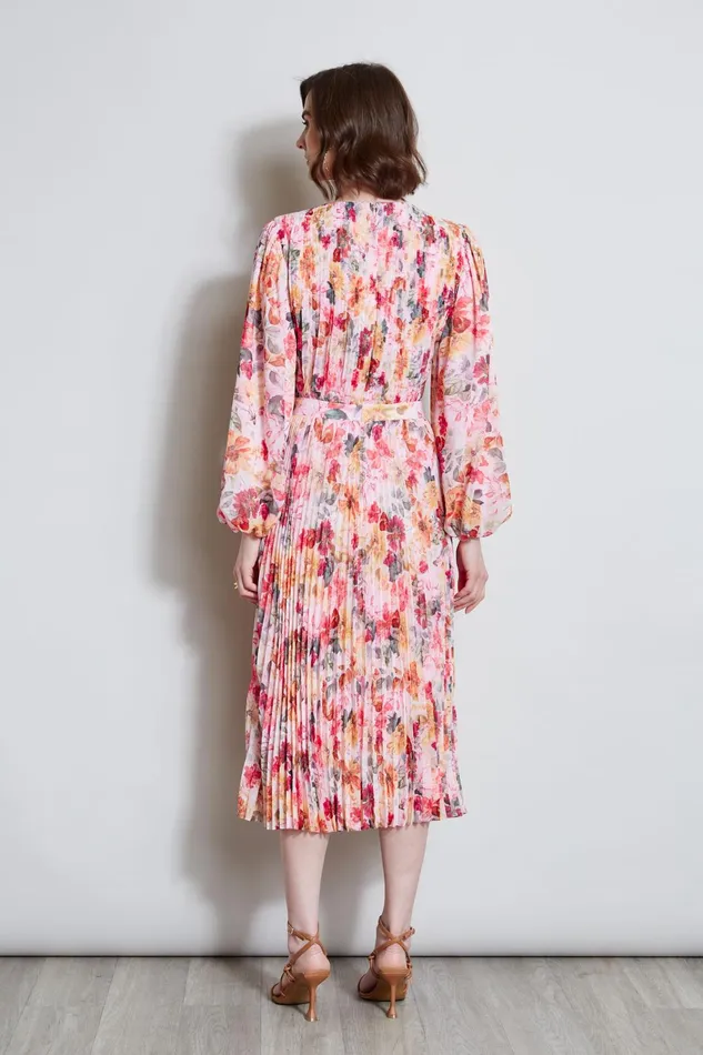 Outlet 8211 Women Long Sleeve Dresses Elie Tahari Pleated Floral Midi Dress Wonderland Print