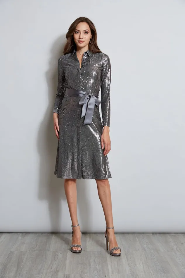 Outlet 8211 Women Long Sleeve Dresses Elie Tahari Sequin Shirt Dress Gunmetal