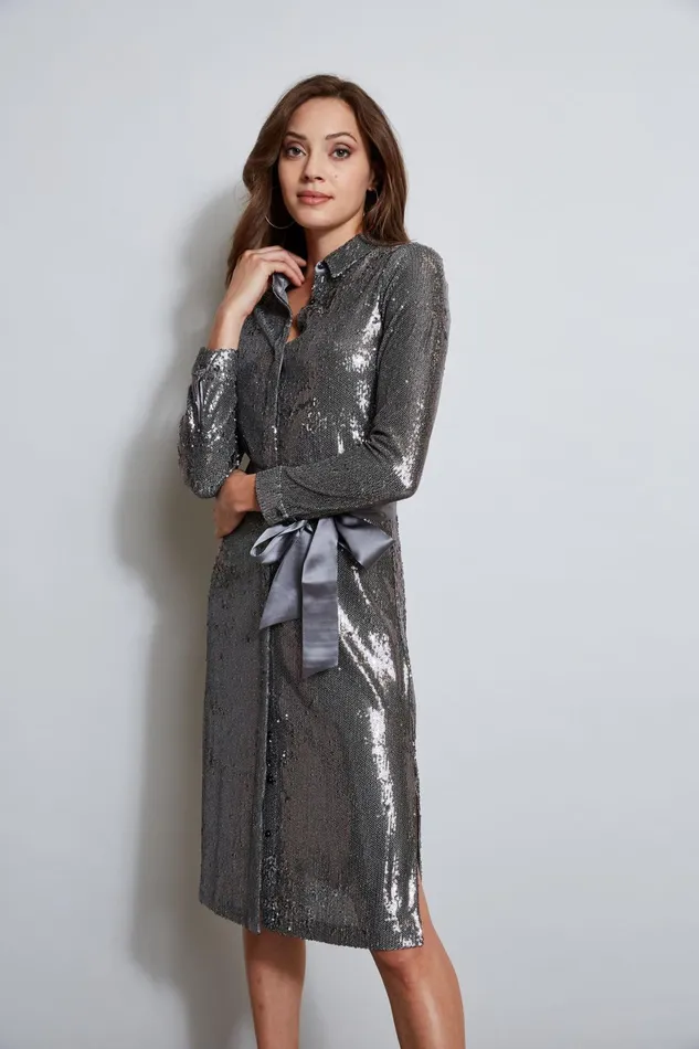 Outlet 8211 Women Long Sleeve Dresses Elie Tahari Sequin Shirt Dress Gunmetal