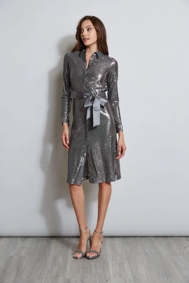 Outlet 8211 Women Long Sleeve Dresses Elie Tahari Sequin Shirt Dress Gunmetal