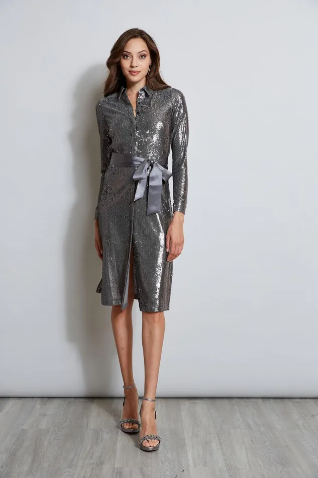 Outlet 8211 Women Long Sleeve Dresses Elie Tahari Sequin Shirt Dress Gunmetal