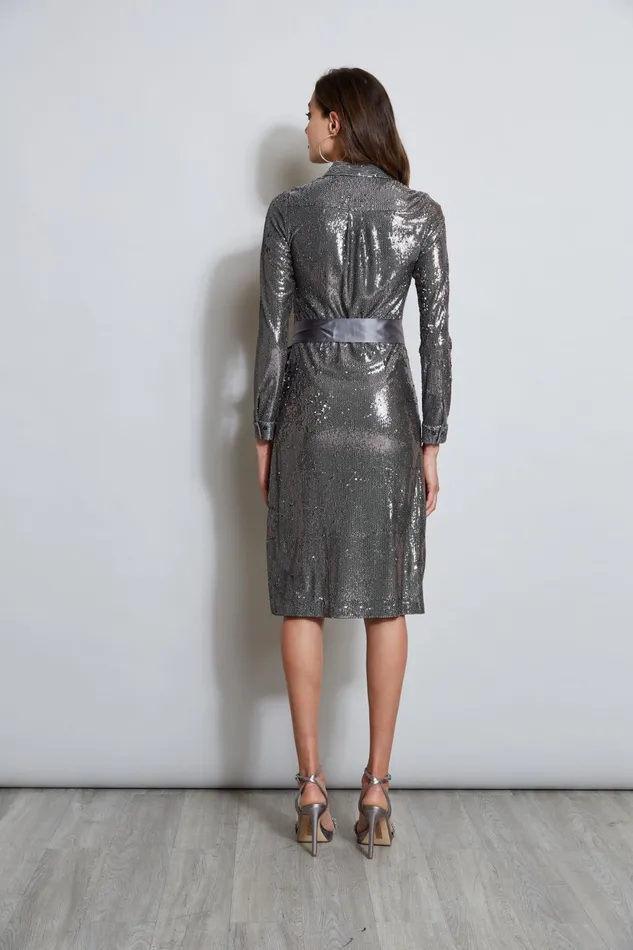 Outlet 8211 Women Long Sleeve Dresses Elie Tahari Sequin Shirt Dress Gunmetal