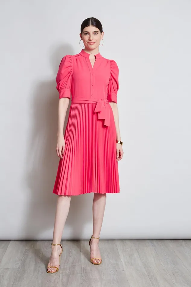 Outlet 8211 Women Midi Dresses Elie Tahari Pleated Ruched Sleeve Dress Wild Strawberry