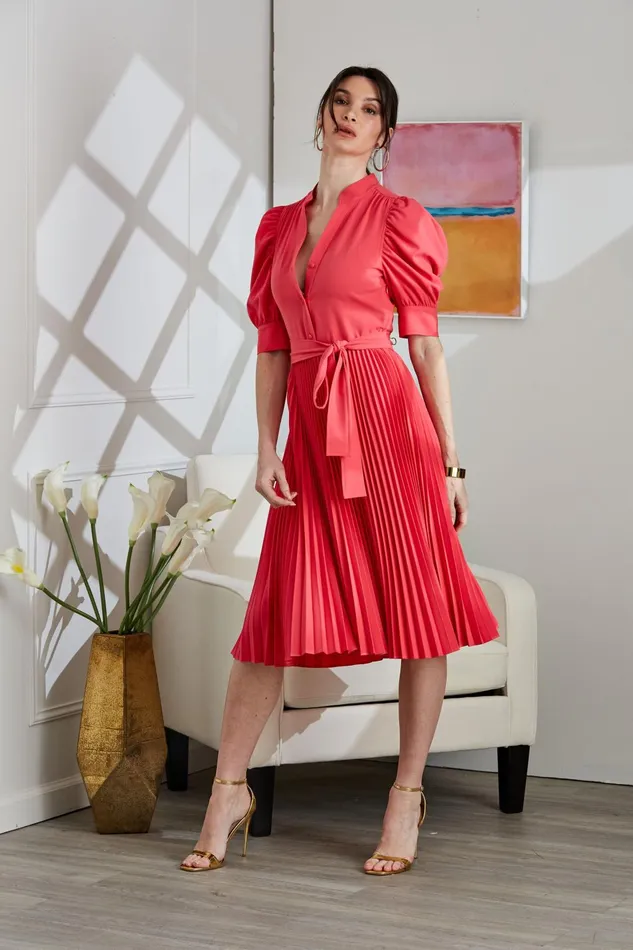 Outlet 8211 Women Midi Dresses Elie Tahari Pleated Ruched Sleeve Dress Wild Strawberry