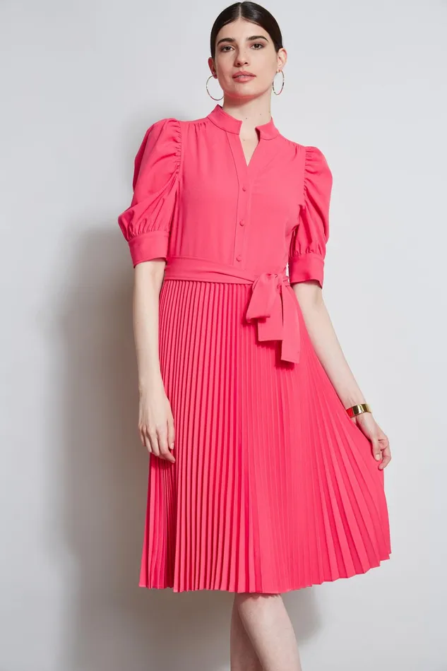 Outlet 8211 Women Midi Dresses Elie Tahari Pleated Ruched Sleeve Dress Wild Strawberry