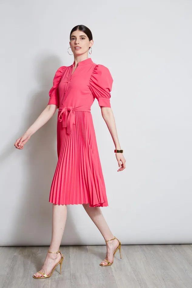 Outlet 8211 Women Midi Dresses Elie Tahari Pleated Ruched Sleeve Dress Wild Strawberry