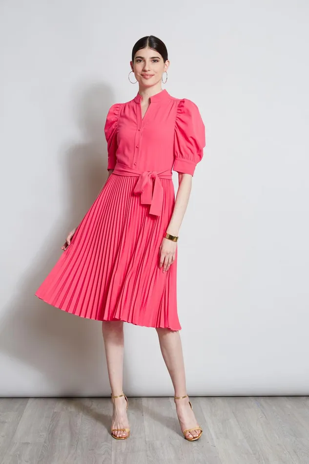 Outlet 8211 Women Midi Dresses Elie Tahari Pleated Ruched Sleeve Dress Wild Strawberry