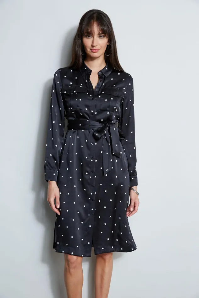 Outlet 8211 Women Midi Dresses Elie Tahari Silk Cube Dot Shirt Dress Blackfoam