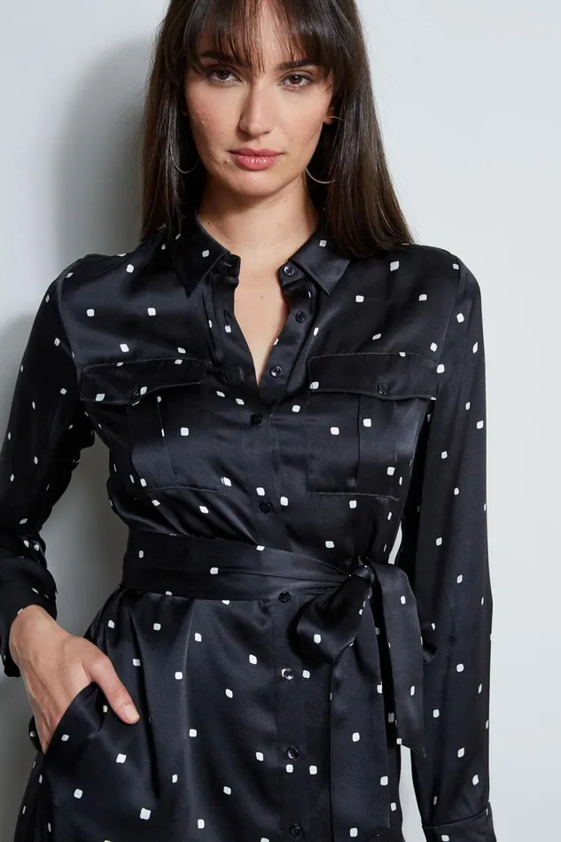 Outlet 8211 Women Midi Dresses Elie Tahari Silk Cube Dot Shirt Dress Blackfoam