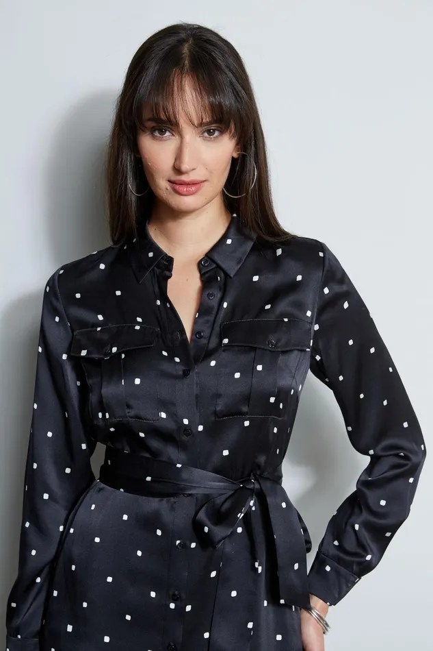 Outlet 8211 Women Midi Dresses Elie Tahari Silk Cube Dot Shirt Dress Blackfoam
