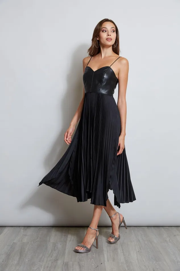 Outlet 8211 Women Midi Dresses Elie Tahari Vegan Leather Pleated Dress Black