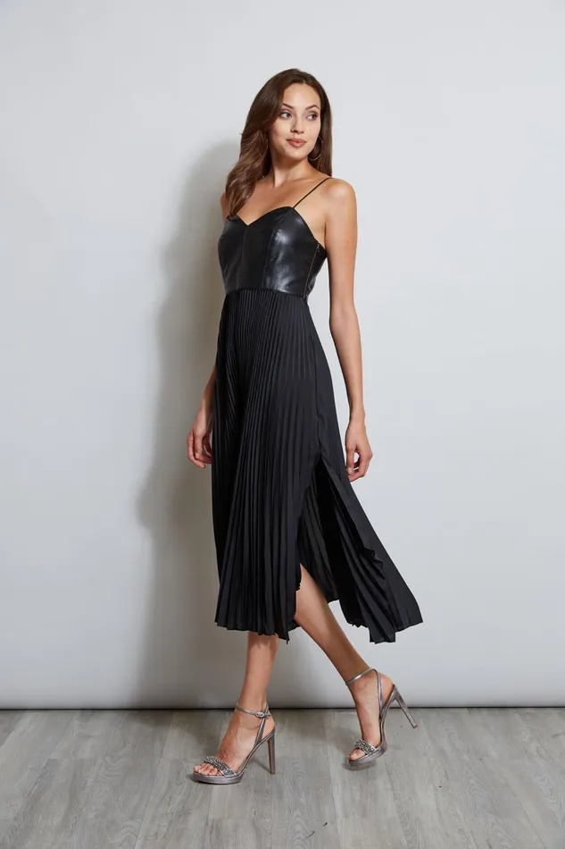 Outlet 8211 Women Midi Dresses Elie Tahari Vegan Leather Pleated Dress Black