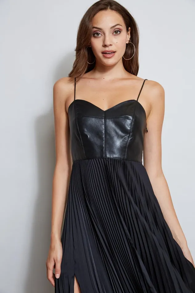 Outlet 8211 Women Midi Dresses Elie Tahari Vegan Leather Pleated Dress Black