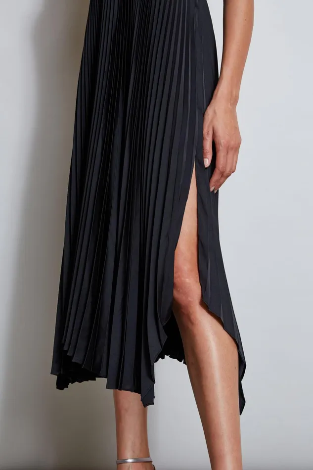 Outlet 8211 Women Midi Dresses Elie Tahari Vegan Leather Pleated Dress Black