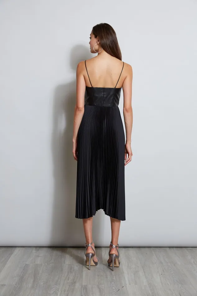 Outlet 8211 Women Midi Dresses Elie Tahari Vegan Leather Pleated Dress Black