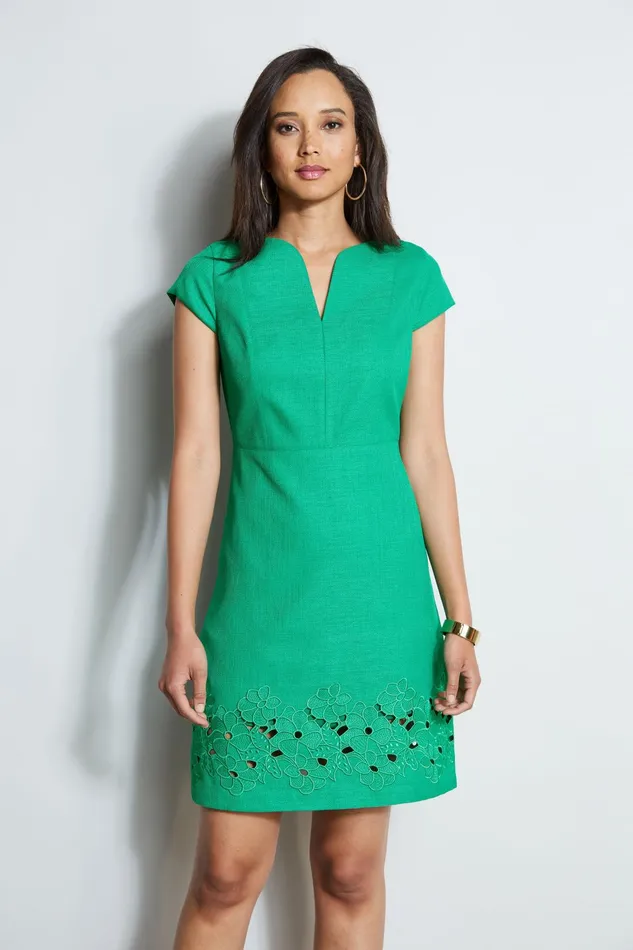 Outlet 8211 Women Short Dresses Elie Tahari Short Sleeve Embroidered Hem Dress Palm Leaf