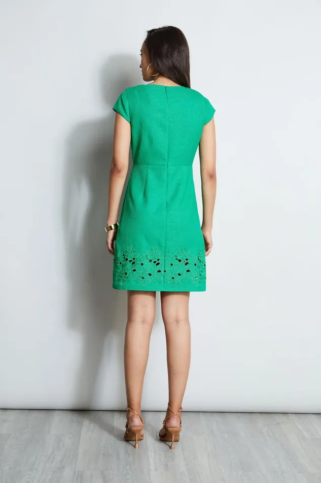 Outlet 8211 Women Short Dresses Elie Tahari Short Sleeve Embroidered Hem Dress Palm Leaf
