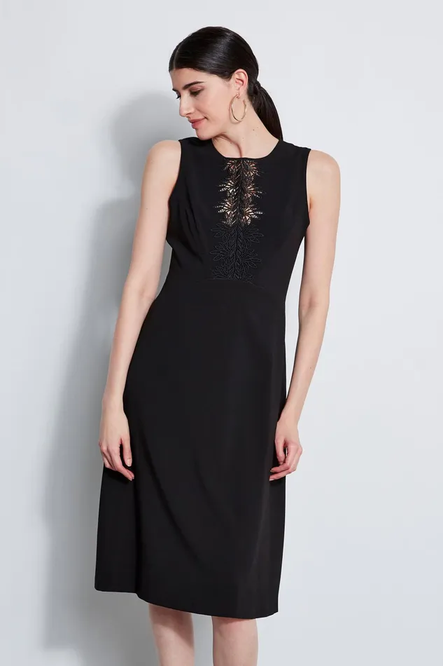 Outlet 8211 Women Sleeveless Dresses Elie Tahari Lace Applique Midi Dress Black