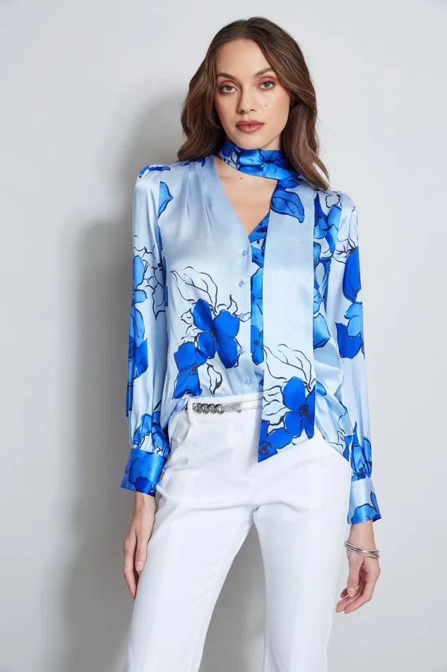 Outlet 8211 Women Tops Elie Tahari Chelsea Floral Tie Neck Shirt Horizon Blue Multi