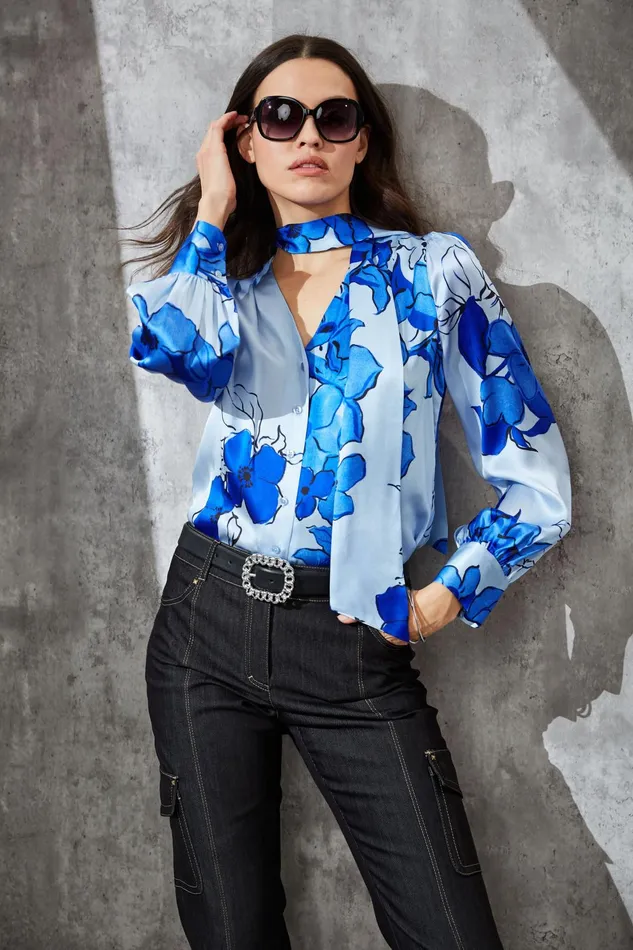 Outlet 8211 Women Tops Elie Tahari Chelsea Floral Tie Neck Shirt Horizon Blue Multi