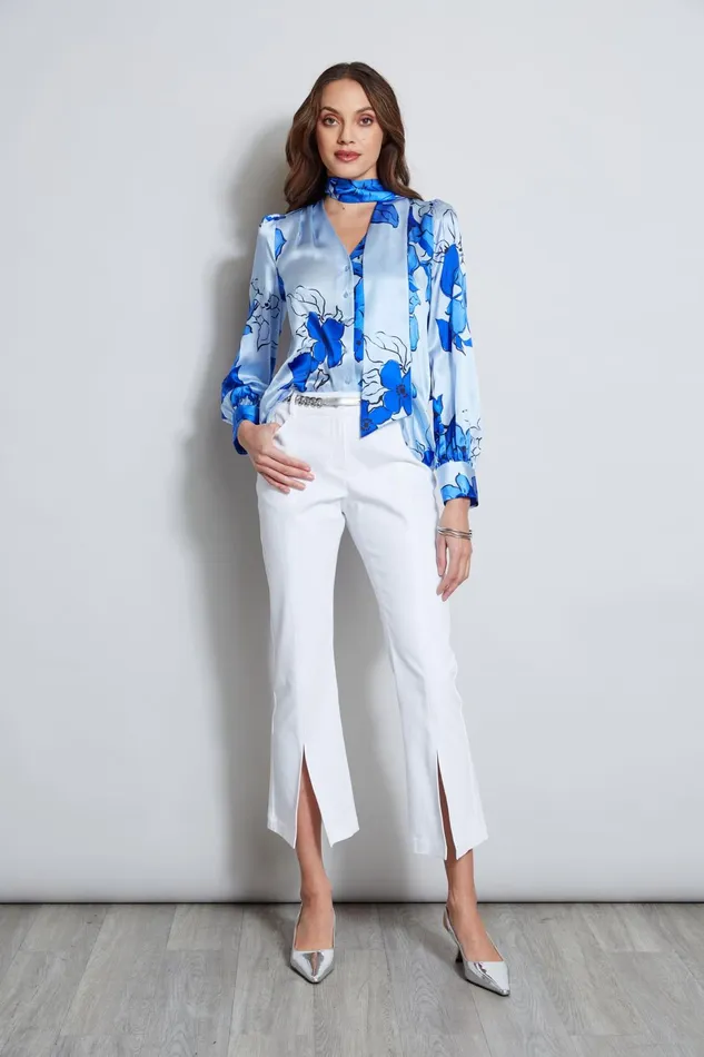 Outlet 8211 Women Tops Elie Tahari Chelsea Floral Tie Neck Shirt Horizon Blue Multi