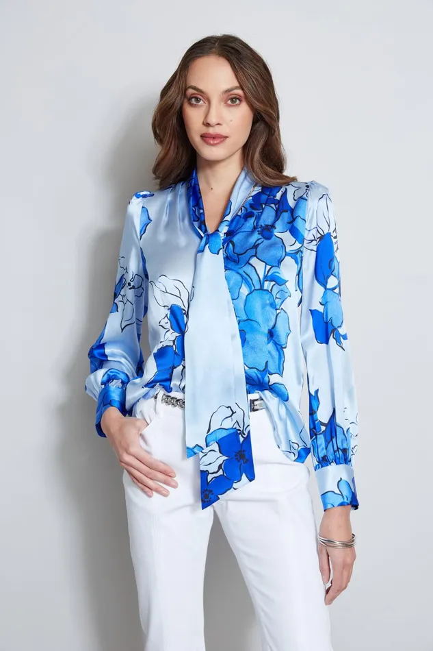 Outlet 8211 Women Tops Elie Tahari Chelsea Floral Tie Neck Shirt Horizon Blue Multi