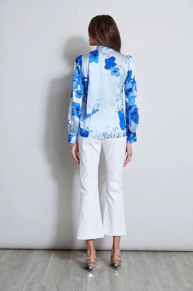 Outlet 8211 Women Tops Elie Tahari Chelsea Floral Tie Neck Shirt Horizon Blue Multi