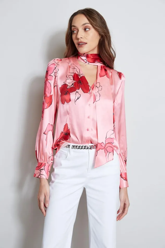 Outlet 8211 Women Tops Elie Tahari Chelsea Floral Tie Neck Shirt Wild Strawberry Multi