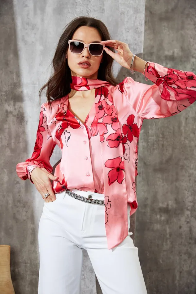 Outlet 8211 Women Tops Elie Tahari Chelsea Floral Tie Neck Shirt Wild Strawberry Multi