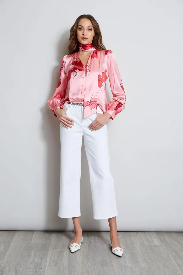 Outlet 8211 Women Tops Elie Tahari Chelsea Floral Tie Neck Shirt Wild Strawberry Multi