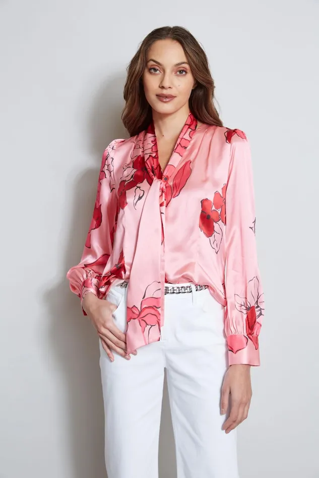 Outlet 8211 Women Tops Elie Tahari Chelsea Floral Tie Neck Shirt Wild Strawberry Multi