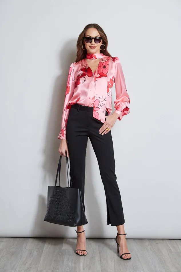 Outlet 8211 Women Tops Elie Tahari Chelsea Floral Tie Neck Shirt Wild Strawberry Multi