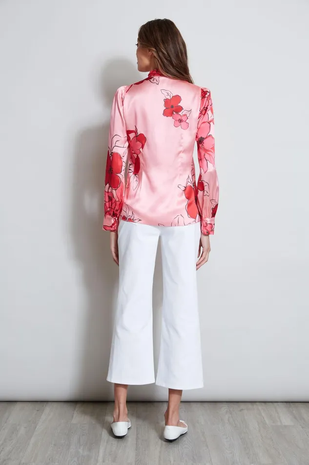 Outlet 8211 Women Tops Elie Tahari Chelsea Floral Tie Neck Shirt Wild Strawberry Multi