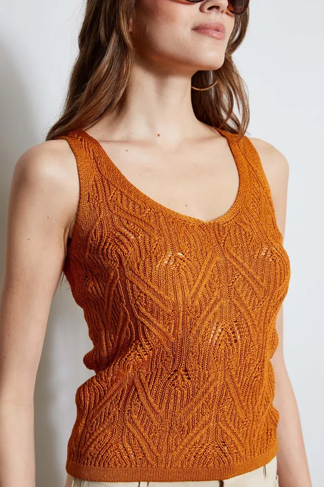 Outlet 8211 Women Tops Elie Tahari Cotton Crochet VNeck Sweater Ginger