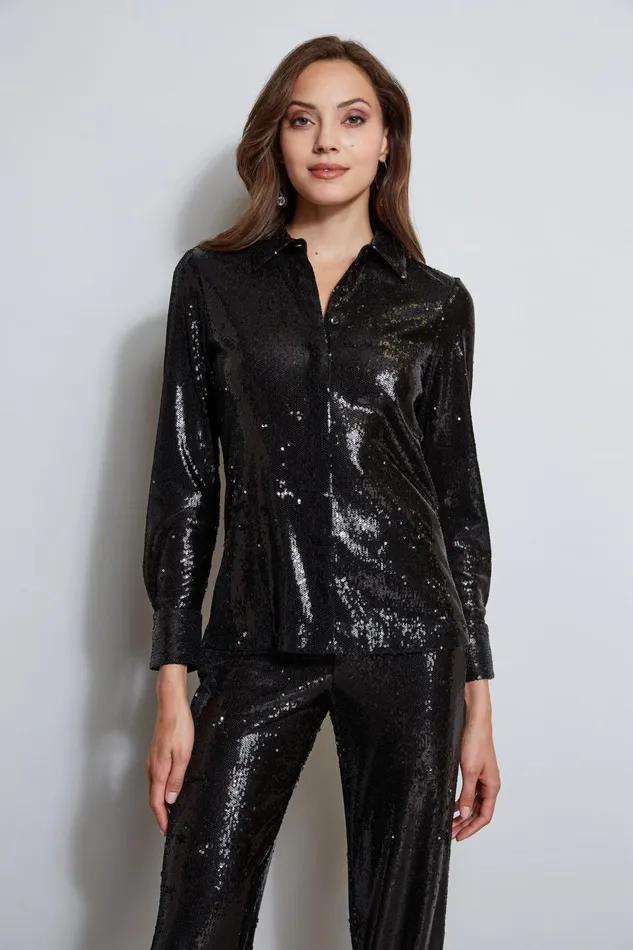 Outlet 8211 Women Tops Elie Tahari Sequin Button Down Shirt Black