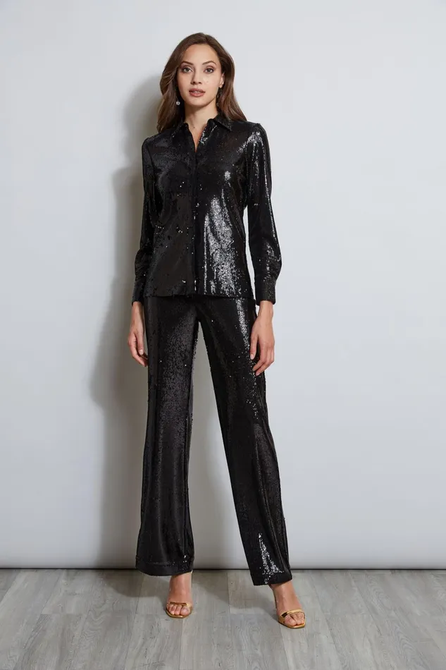Outlet 8211 Women Tops Elie Tahari Sequin Button Down Shirt Black