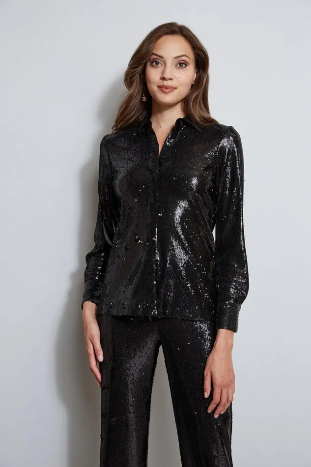 Outlet 8211 Women Tops Elie Tahari Sequin Button Down Shirt Black