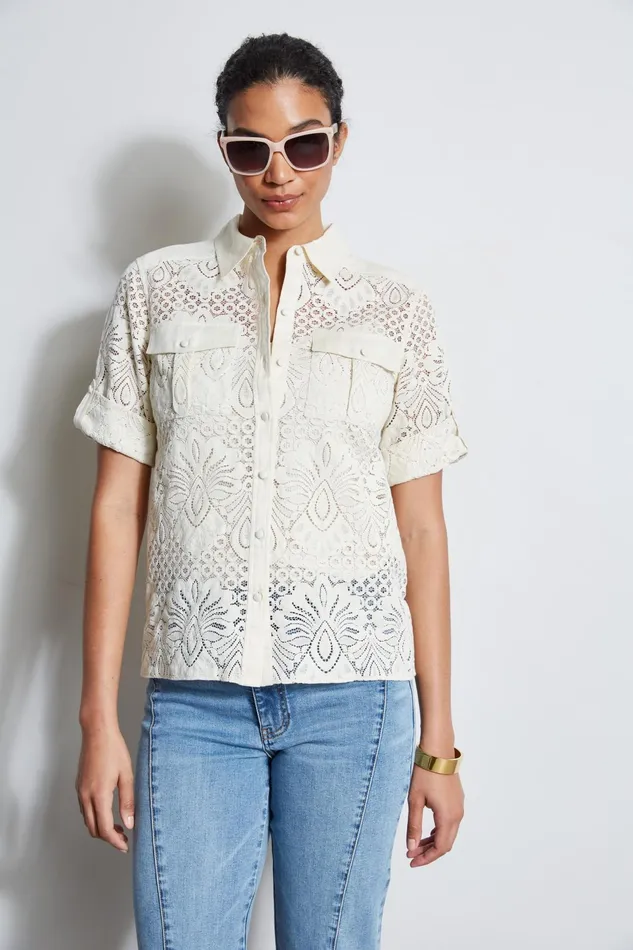 Outlet 8211 Women Tops Elie Tahari Short Sleeve Lace Utility Shirt Sand