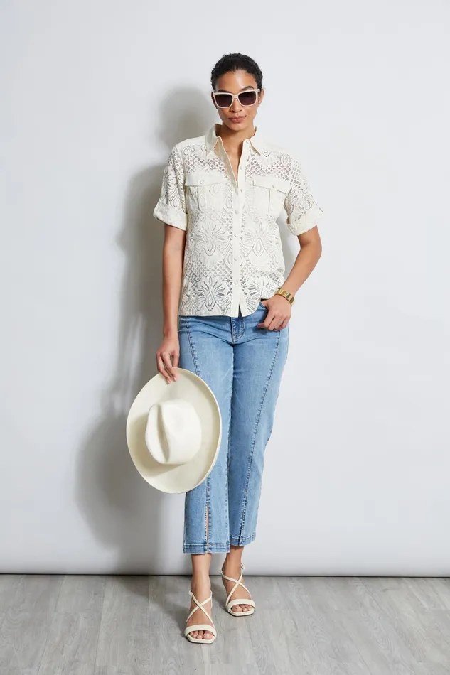 Outlet 8211 Women Tops Elie Tahari Short Sleeve Lace Utility Shirt Sand