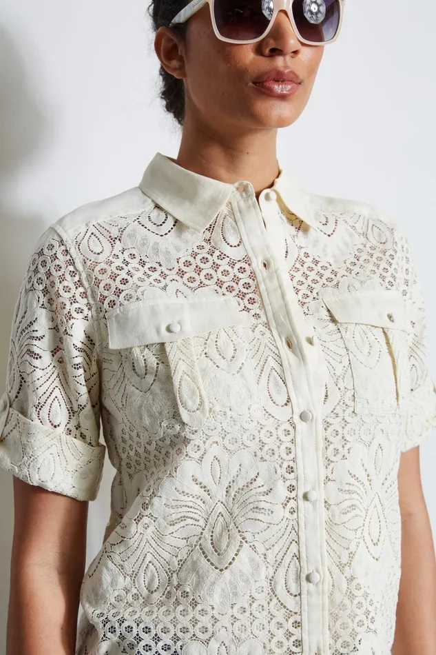 Outlet 8211 Women Tops Elie Tahari Short Sleeve Lace Utility Shirt Sand