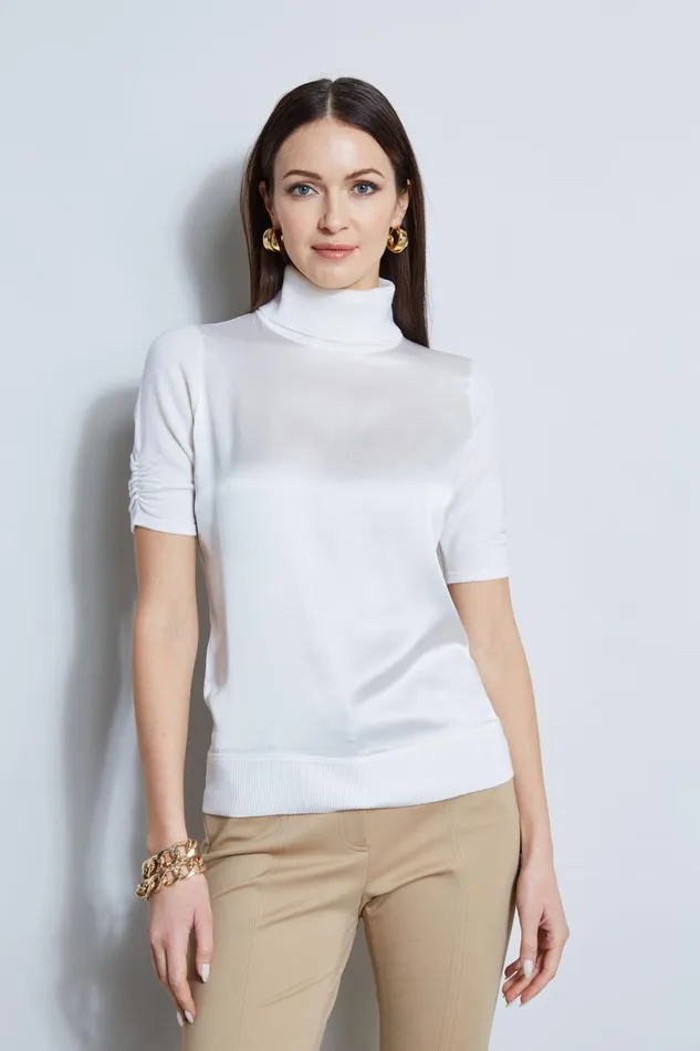 Outlet 8211 Women Tops Elie Tahari Short Sleeve Satin Front Sweater Fresh Pearl
