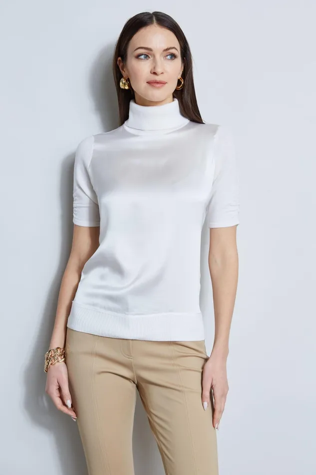 Outlet 8211 Women Tops Elie Tahari Short Sleeve Satin Front Sweater Fresh Pearl