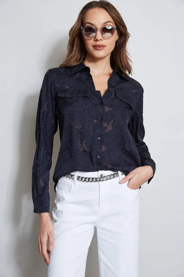 Outlet 8211 Women Tops Elie Tahari Silk Jacquard Utility Shirt Stargazer
