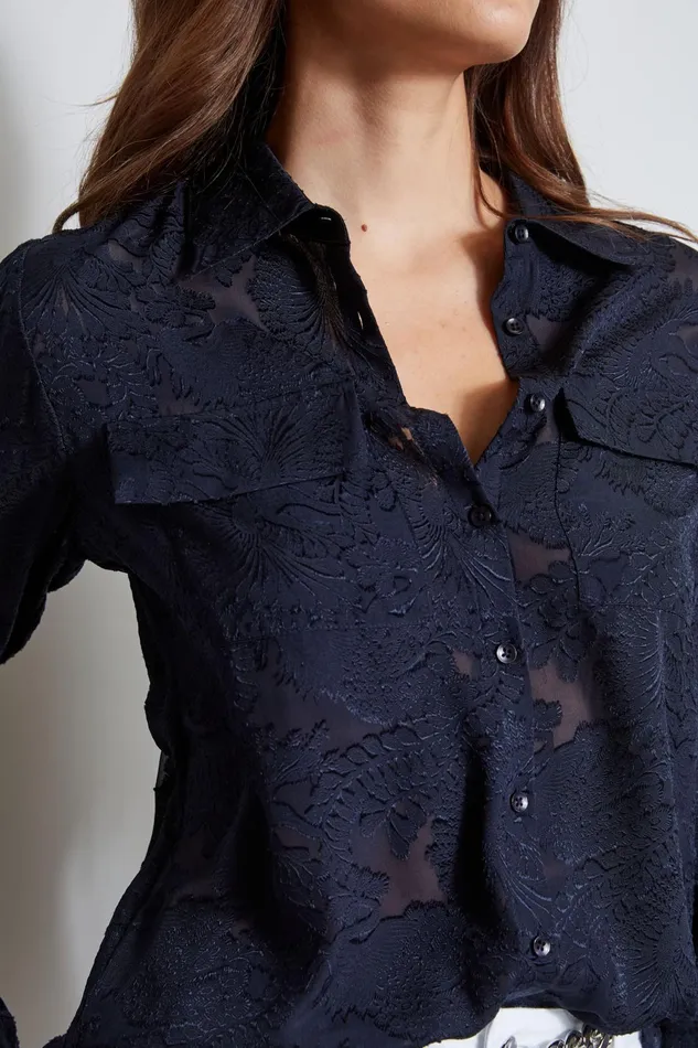 Outlet 8211 Women Tops Elie Tahari Silk Jacquard Utility Shirt Stargazer