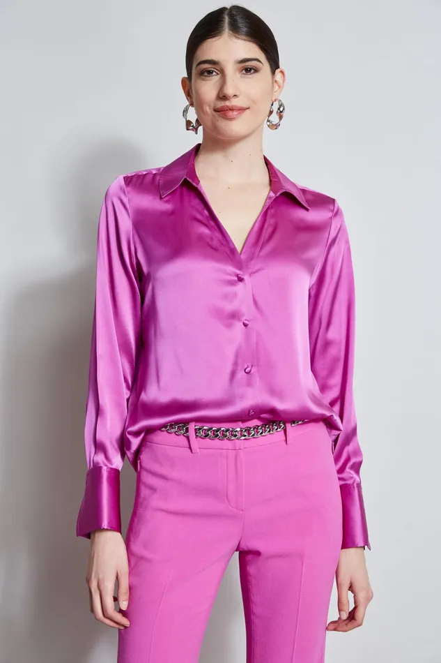 Outlet 8211 Women Tops Elie Tahari Silk Satin Button Down Shirt Peony
