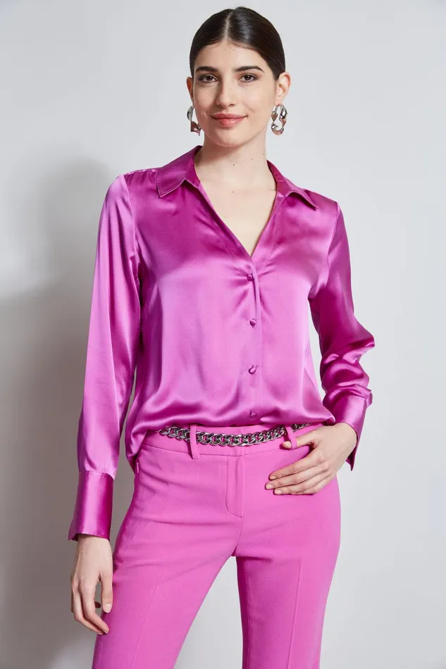 Outlet 8211 Women Tops Elie Tahari Silk Satin Button Down Shirt Peony