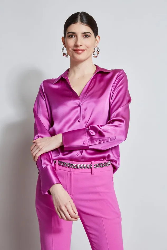 Outlet 8211 Women Tops Elie Tahari Silk Satin Button Down Shirt Peony