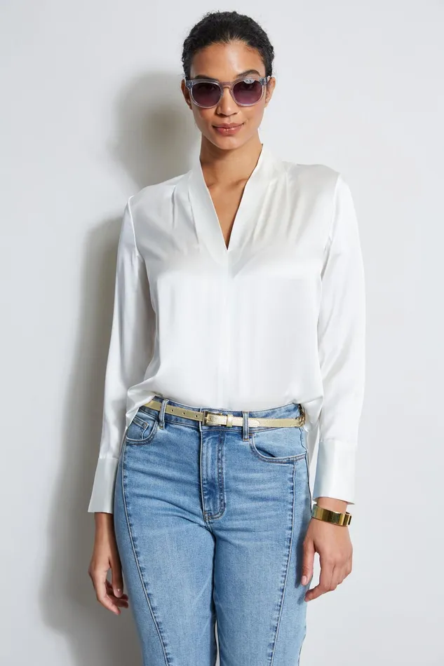 Outlet 8211 Women Tops Elie Tahari Silk Satin Contour Neck Shirt Fresh Pearl
