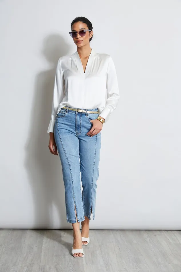 Outlet 8211 Women Tops Elie Tahari Silk Satin Contour Neck Shirt Fresh Pearl