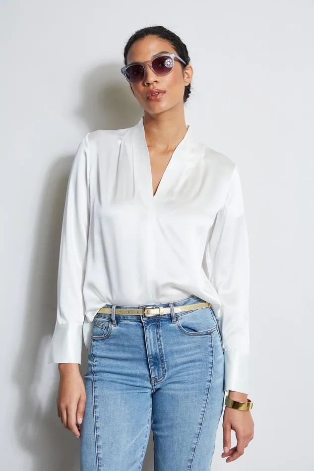 Outlet 8211 Women Tops Elie Tahari Silk Satin Contour Neck Shirt Fresh Pearl